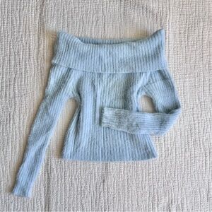 pastel blue off the shoulder sweater
